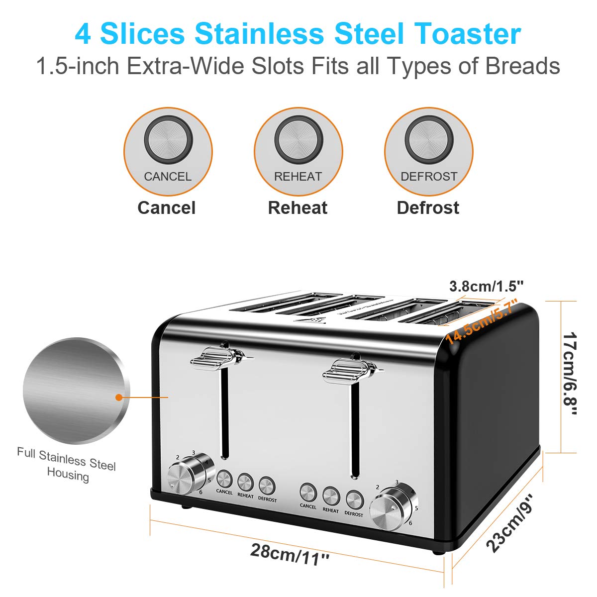 Morpilot Toaster edelstahl mit 4 scheiben 1600 Watt, 6 Bräunungsstufen und 3 Kochfunktionen