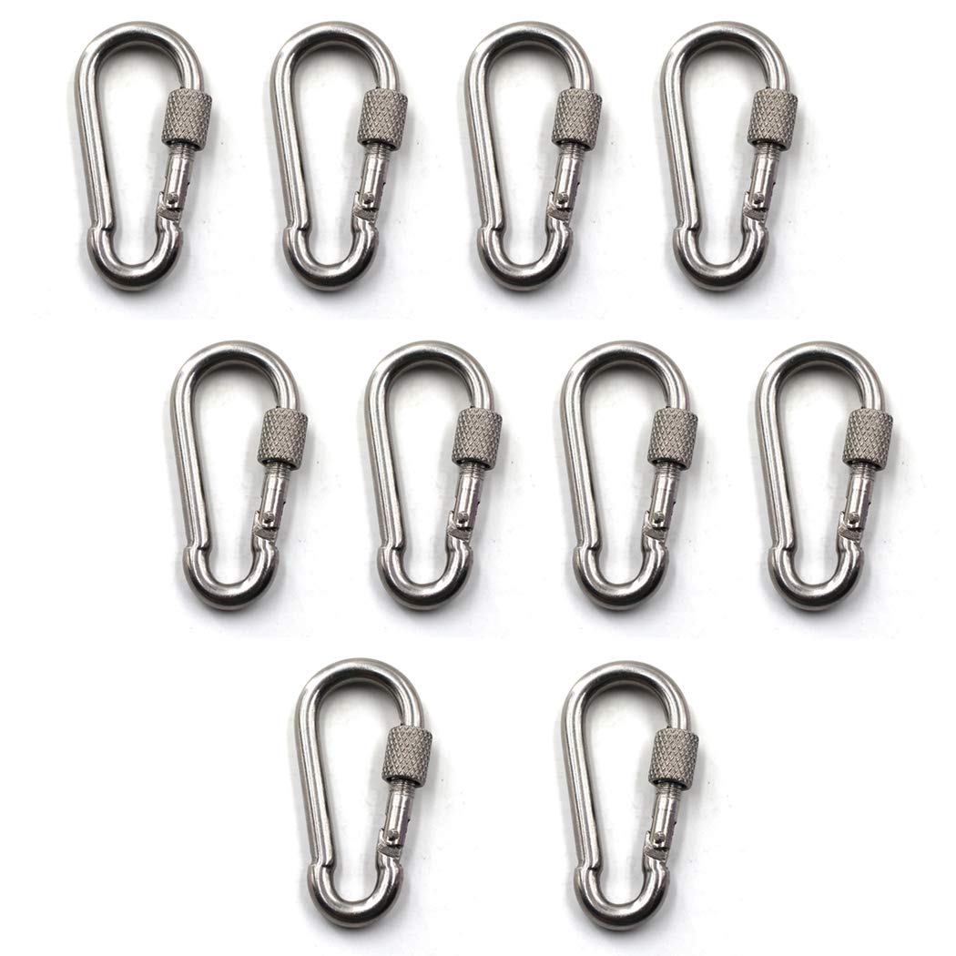 M5 Locking Carabiner Climbing Keychain 304 Stainless Steel Spring Snap Hook Clip Hook Pack Of 10