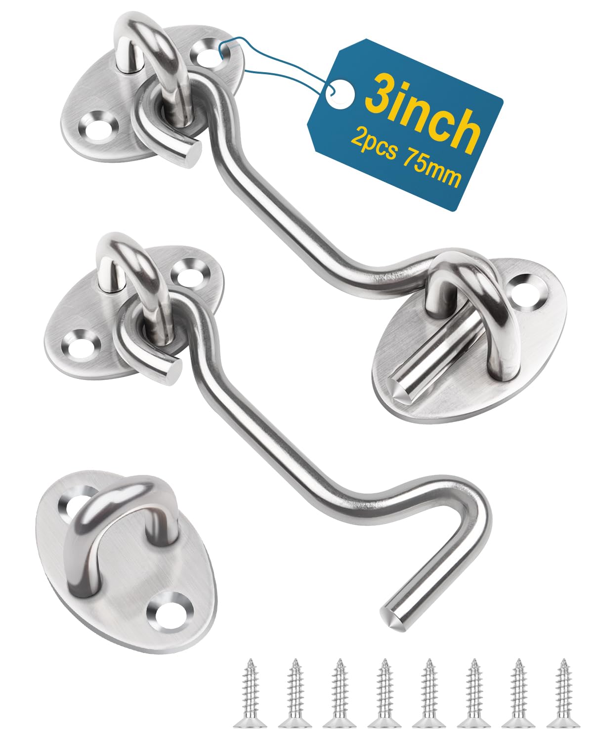 Leryati 3 Inch Hook and Eye Latch, 2Pcs 75mm Silver Gate Hook Stainless Steel Cabin Hooks, Eye Latch Door Lock Hooks Lock, Apply to Wooden Gates, Window Brace Gate Door Catch