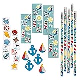144 Piece Nautical Party Supplies: 12 Pencils 12 Sticker Sheets 48 Erasers and 72 Tattoos, Blue Toys Ahoy Decorations Decorative Fish Starfish Sea Shells Anchor Theme for Baby Shower Birthday Wedding