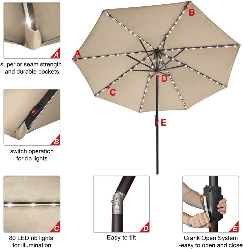 Amazon Com Eliteshade Sunbrella Solar Umbrellas 9ft Market Umbrella With 80 Led Lights Patio Umbrellas Outdoor Table Umbrella With Ventilation And 5 Years Non Fading Top Antique Beige Garden Outdoor