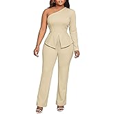 Aro Lora Womens Sexy 2 Piece Outfits One Shoulder Long Sleeve Slit Top and Pant Set Dressy Pantsuits