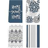 Artoid Mode Blue Grey Stripes Home Sweet Home Boho Winter Kitchen Towels Dish Towels, 18x26 Inch Christmas Holiday Decoration Hand Towels Set of 4