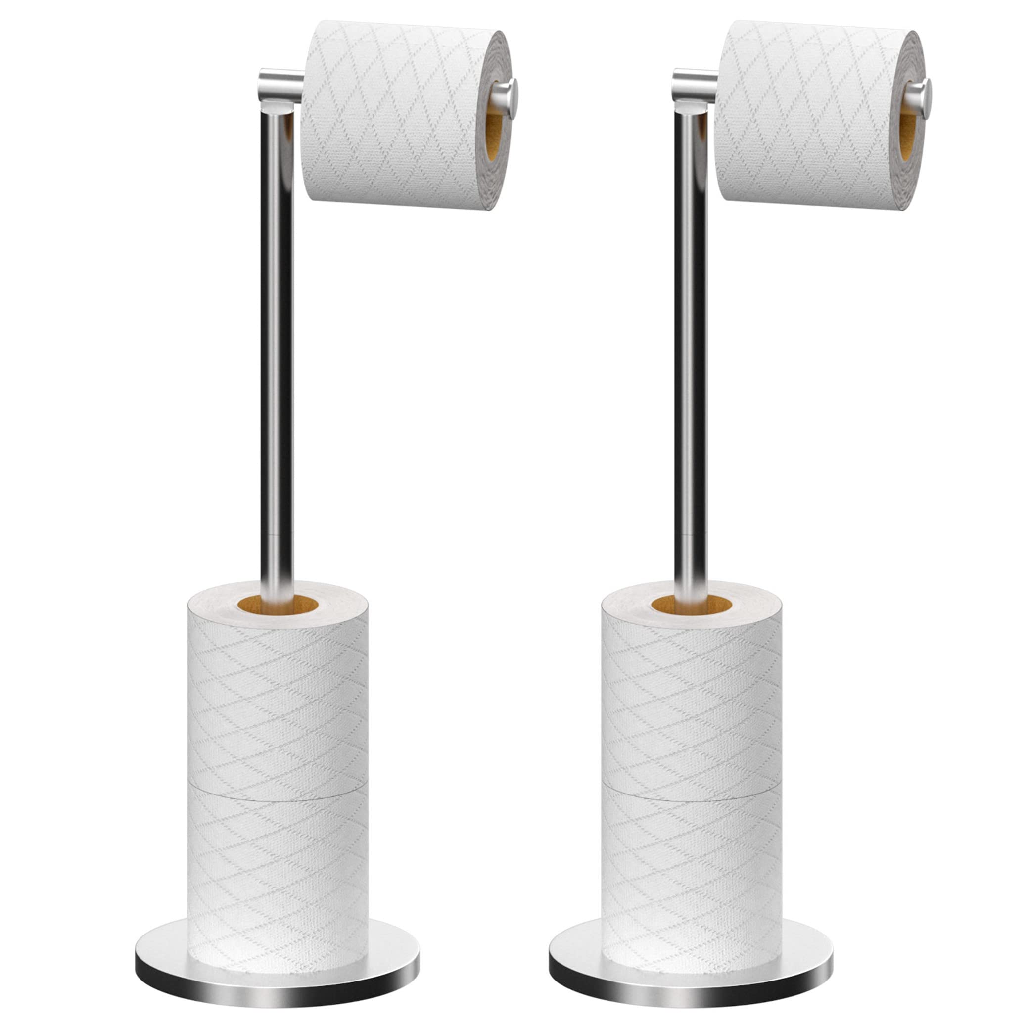 Toilet Roll Holder Free Standing Toilet Paper Holder Stand with Reserve, Stainless Steel Anti Rust Freestanding Toilet Tissue Roll Dispenser Holds 3-4 Paper Rolls, Bathroom Storage (2 Pack Silver A)