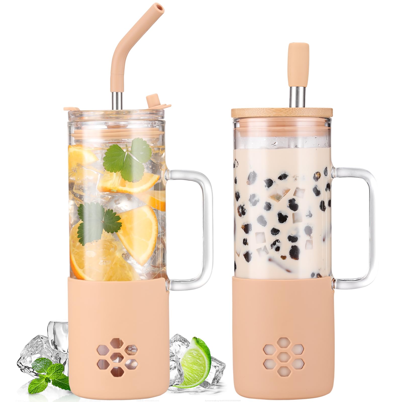 BLUEGO 600ml Glass Cup with 2 Lids and Handle, Cute Glass Tumbler with Straws and Silicone Sleeve, Iced Coffee Cup, 0.6L Smoothie Tumbler, Reusable Bubble Tea Cup, Travel Mug,Amber