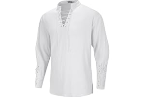 LVCBL Mens Medieval Pirate Style Lace-Up Linen Blend Long Sleeve Shirt for Men Stand Collar Relaxed Fit Casual Vintage Top
