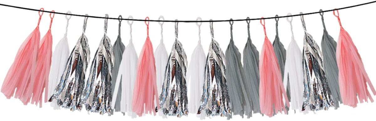 CUTADORNS 20pcs Tissue Paper Tassel Garland White Grey Baby Pink Silver Bunting for Baby Shower, Bridal Shower, Birthday Party, Nursery Decoration Pom Poms