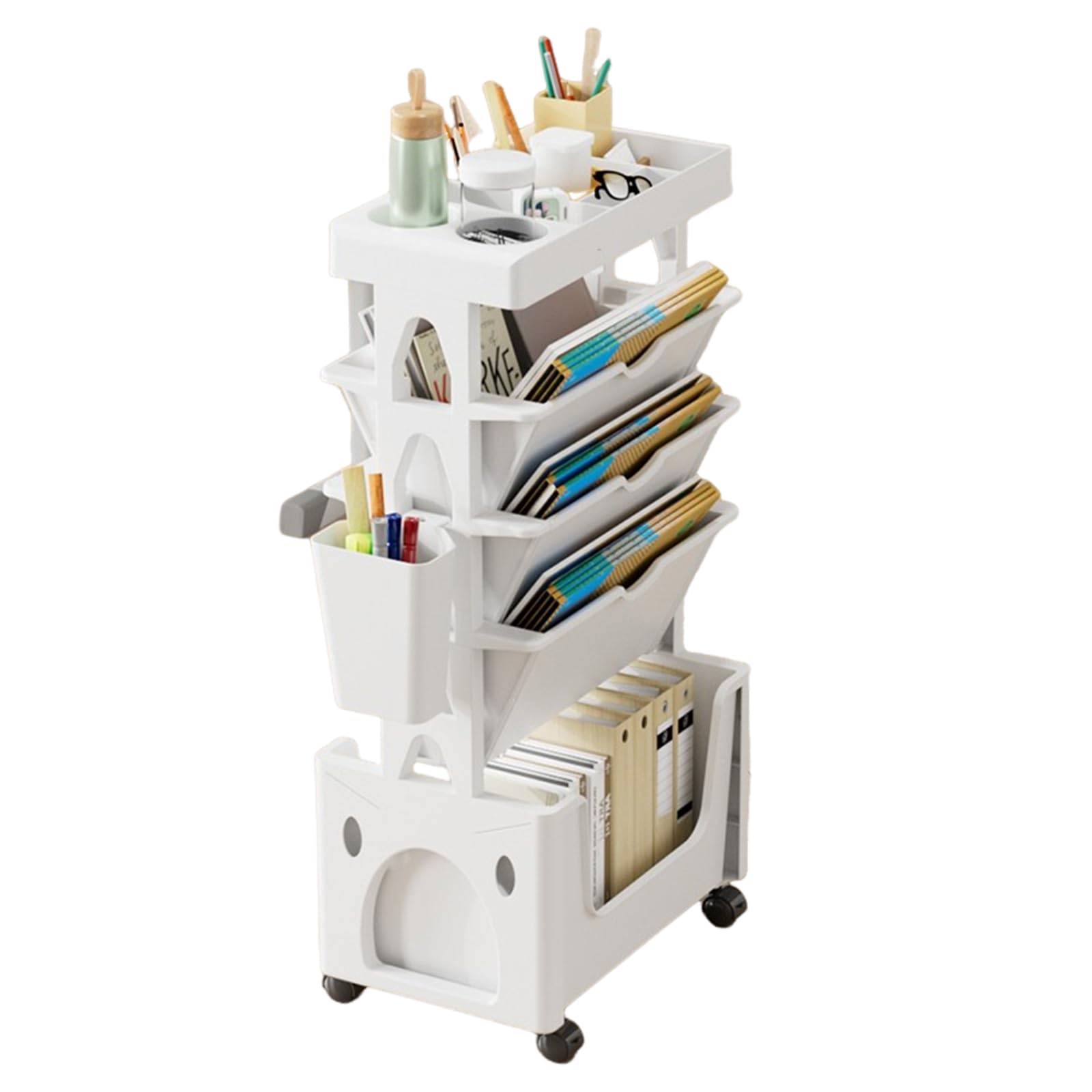 Whemyreat Art Trolley Organiser on Wheels, Open Bookshelf, Removable Bookshelf, Rolling Book Trolley with Lockable Wheels (White)