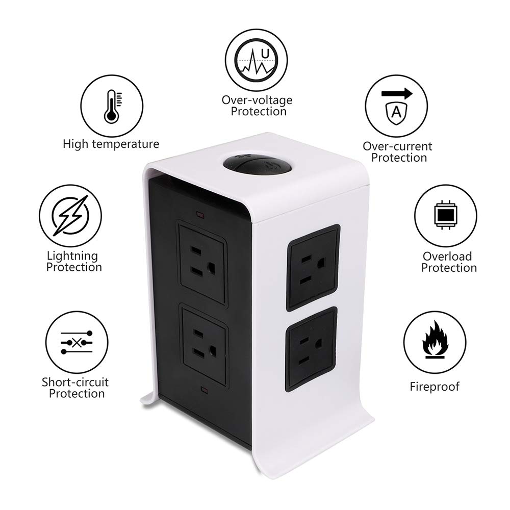 Power Strip Tower Surge Protector Electric Charging Station 10Ft Cord Wire Extension 3000W 13A 16AWG 8 Outlet Plugs with 4 USB Slot Universal Socket for PC Laptops Mobile