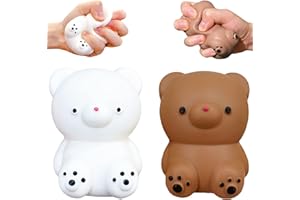 KAWAITE 2 PCS Squishy White Bear Stress Ball Brown Bear Squeeze Ball - Dough Balls Fidget Toy - Stretchy Stress Balls for Kids and Adults, 2 Colors Squishy Ball for Anxiety Relief, Focus, Relax