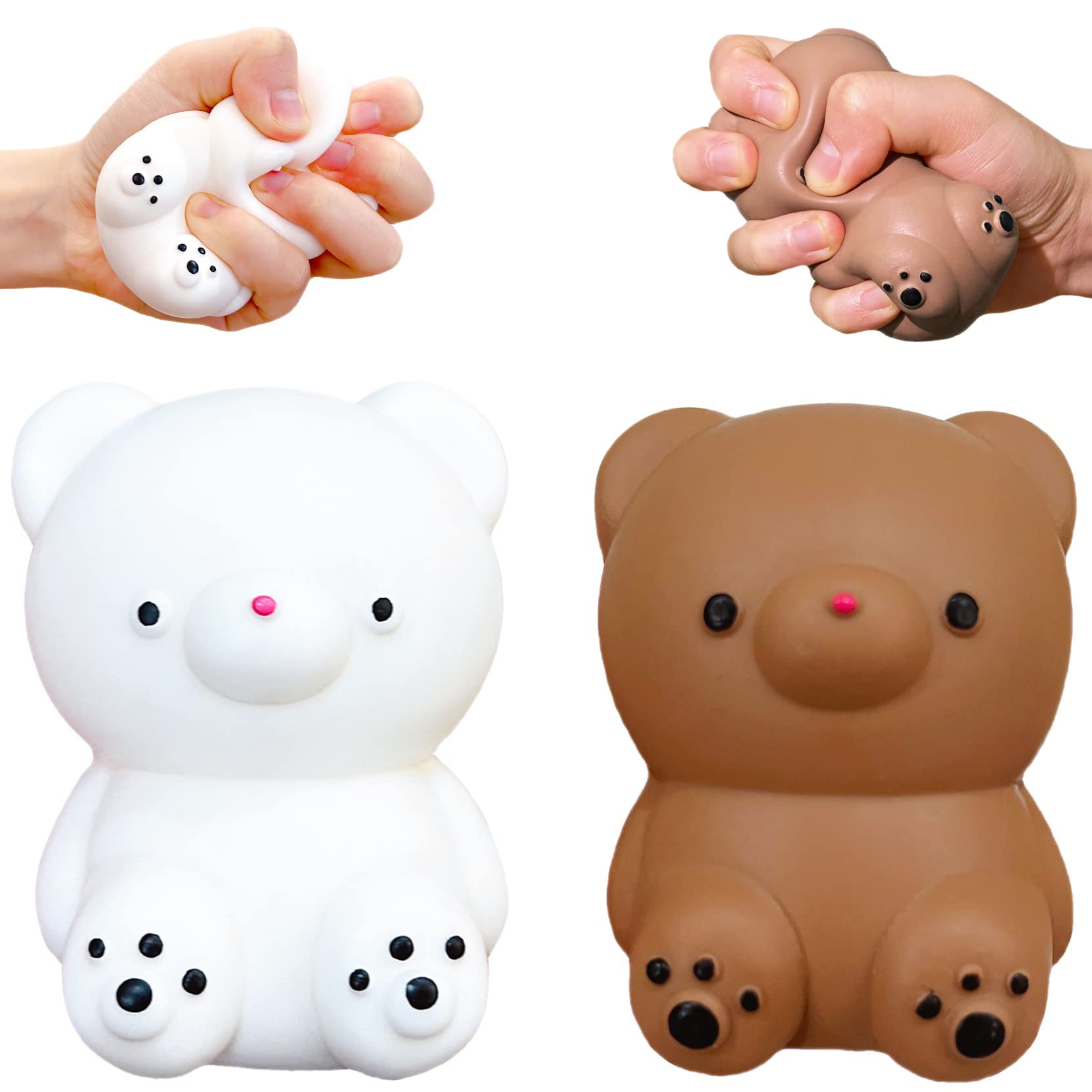 View 1 of 2 PCS Squishy White and Brown Bear Stress Ball - Dough Fidget Toy - Stretchy Animals Squishy Toys for Kids and Adults, Squeeze Ball for Anxiety Relief, Focus, Relax