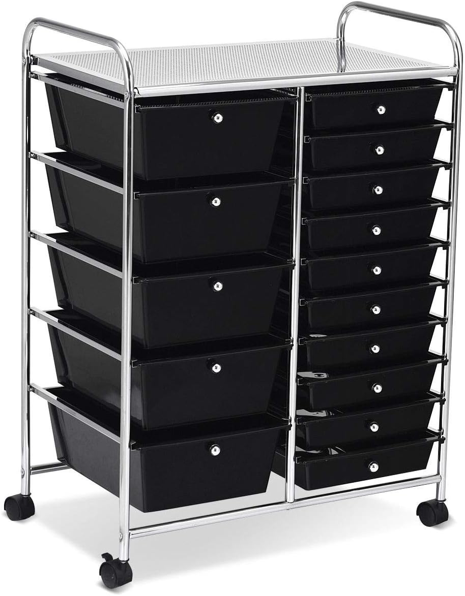 COSTWAYUS Plastic Boxes COSTWAY 15 Drawer Rolling Organizer Cart Utility Storage Tools Scrapbook Paper Multi-Use, Black