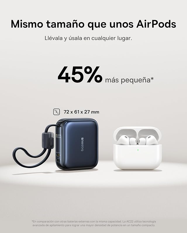 AC22 Mini Powerbank 10000mAh, bateria portátil externa de carregamento rápido PD 45W com cabo USB-C integrado, power bank compacto para iPhone 18/17/16, Samsung S26/S25 Ultra, iPad e Pixel 10/9