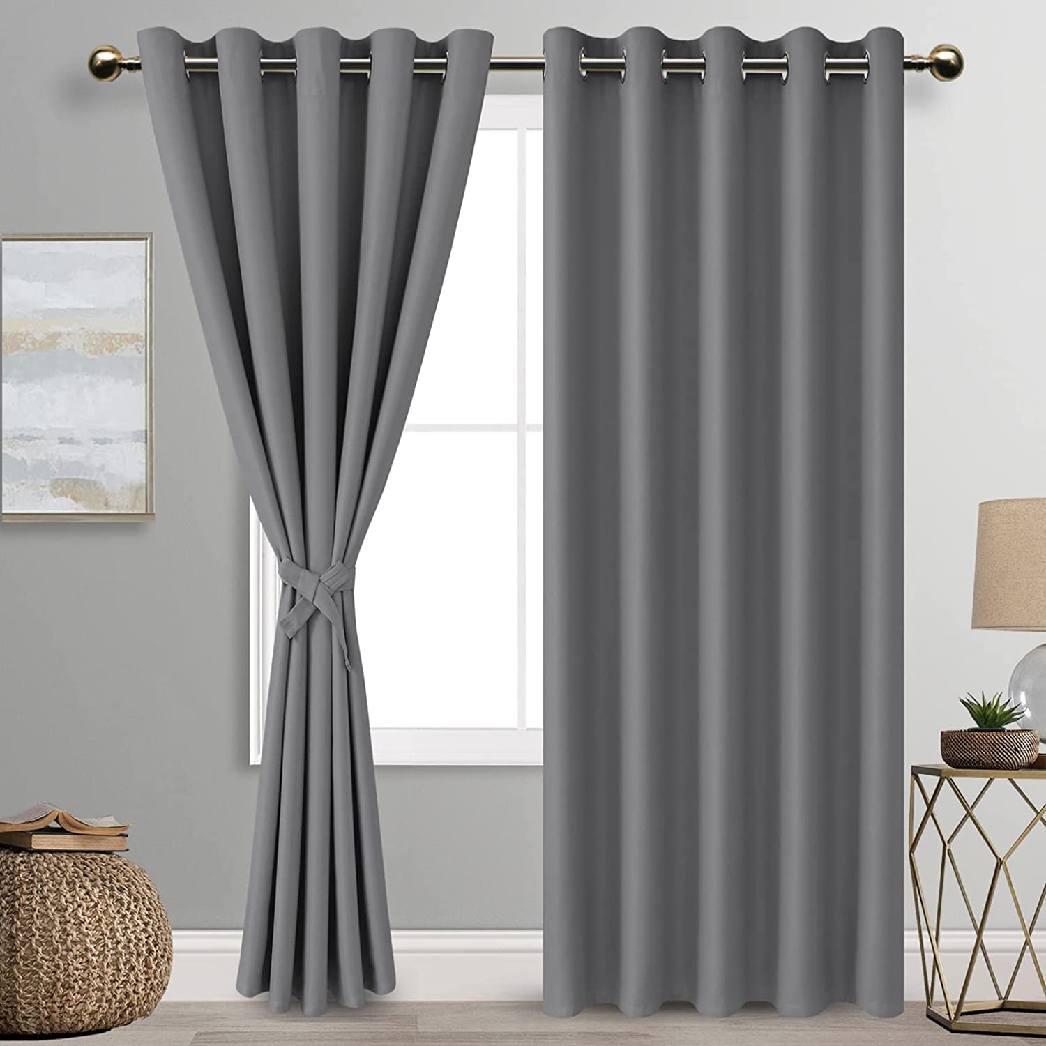 DWCN Grey Blackout Curtains with Tiebacks for Bedroom Thermal Insulated Solid Eyelet Curtains for Living Room,2 Panels,66" Wide x 90" Drop
