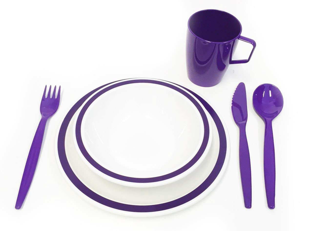 Harfield Purple & White Duo Camping Dining Set Reusable Virtually Unbreakable Polycarbonate Plastic Tableware