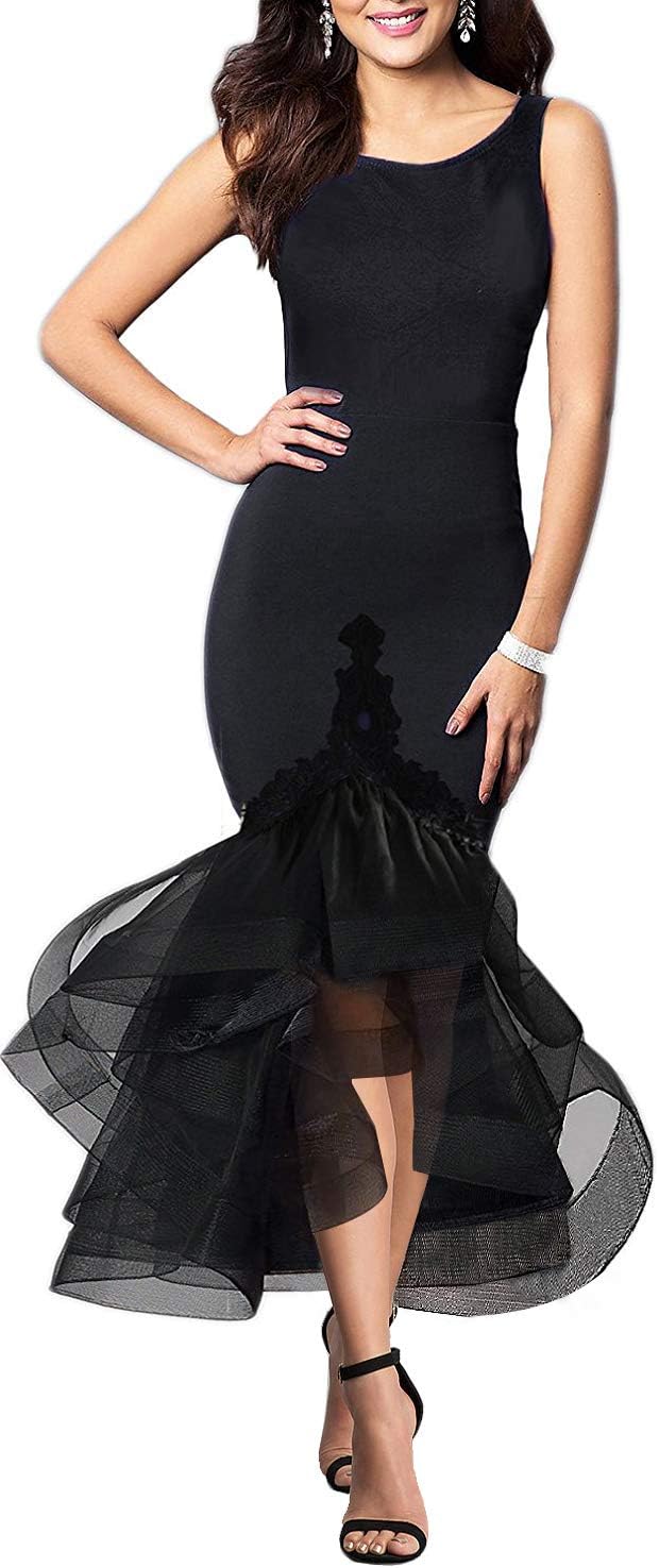 CAISHA Women's Opened Back Mermaid High Low Layered Tulle Pencil Dress
