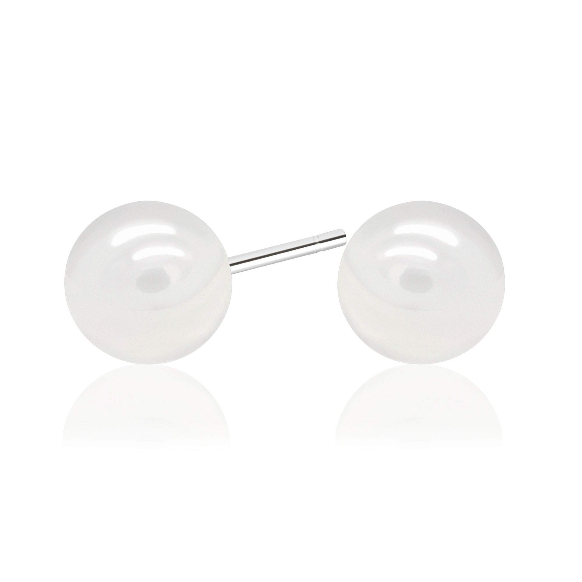 White Smooth Round Shell Base Imitation Pearl Rhodium-Plated 925 Sterling Silver Stud Earrings, 7mm