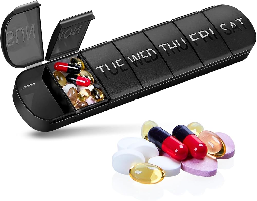 Mark Curve Black Weekly Pill Box Organiser 7 Day Open Design