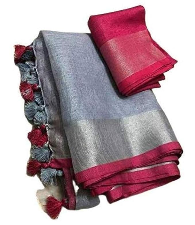 Women's Jivika Linen Slub Saree with Contrast Blouse (CSZCP92, Grey Pink)