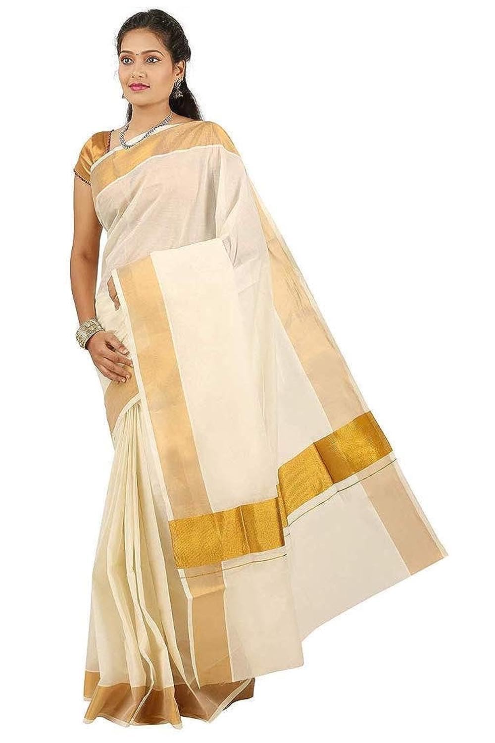 Photo 1 of *Dirty Item* Stylesindia Cotton Kerala Kasavu Zari Embroidery Saree With Blouse, Kuthampully Kerala Kasavu Saree Onam Deevali Pongal (Styles # 02)