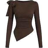 GORGLITTER Women's Bow Tee Top Asymmetrical Long Sleeve Ruched Crew Neck Fitted Dressy Elegant T Shirt Going Out Tops
