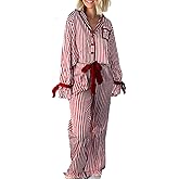 ROAONOCOMO Women Christmas Pajama Set Bow Tie Long Sleeve Shirt Pants Striped 2 Piece Lounge Outfit Xmas Sleepwear