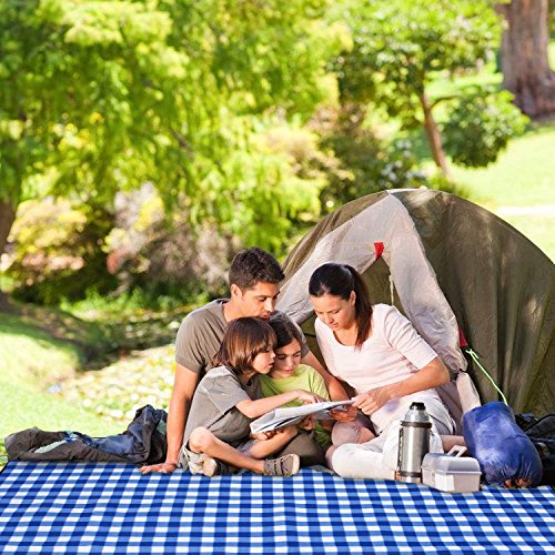 OUTCAMER Large Waterproof Outdoor Picnic Blanket, Portable Folding Picnic Blanket Mat with Tote for Family Camping(Blue-white checker, 79" × 59") - Thumbnail 3