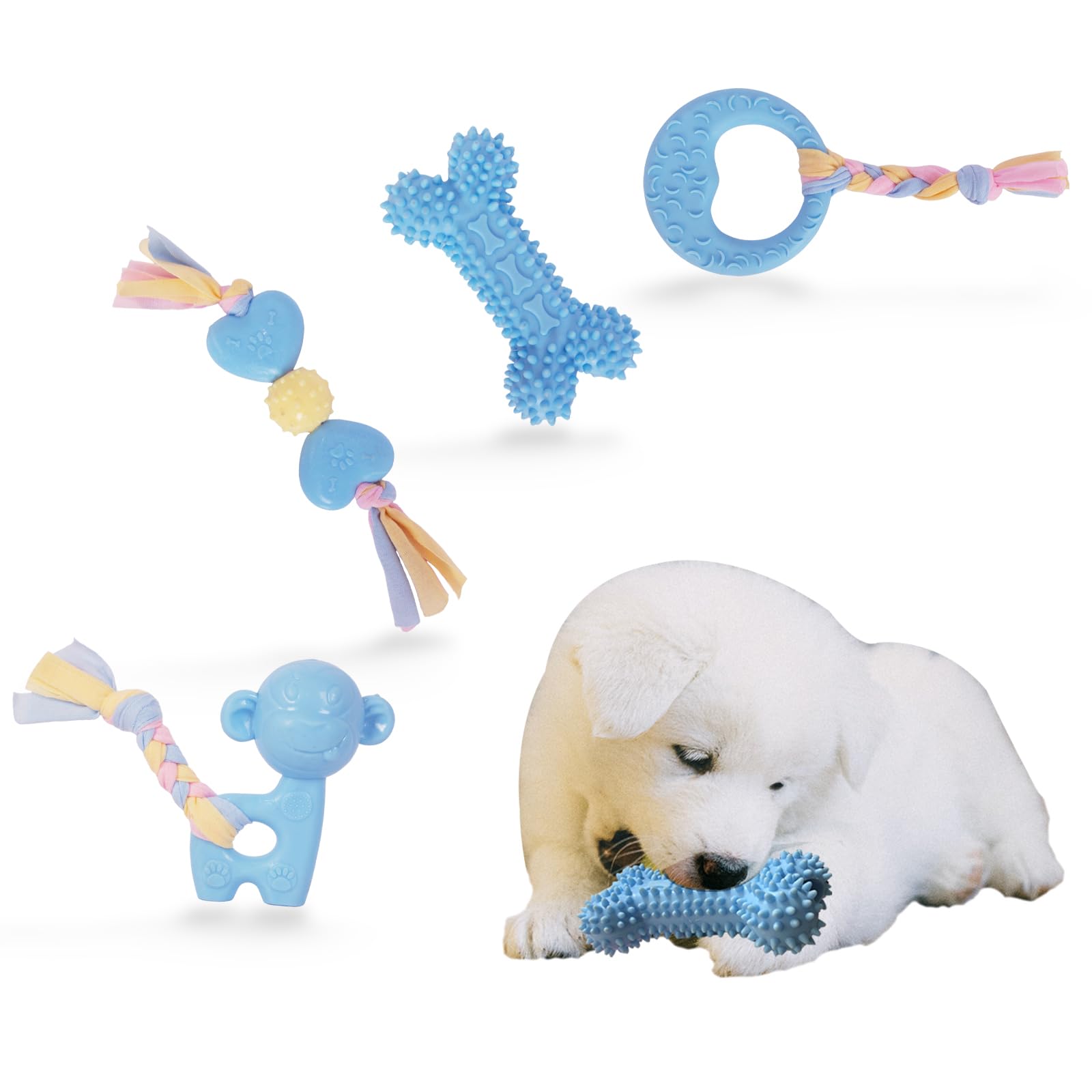 Photo 1 of kattypet Puppy Toys for Teething, Dog Chew Toys for Small & Medium Breeds, Soothe Teething Pain, Lessens Anxiety, Durable, All-Natural Rubber and Cotton, 4-Pack (Blue)