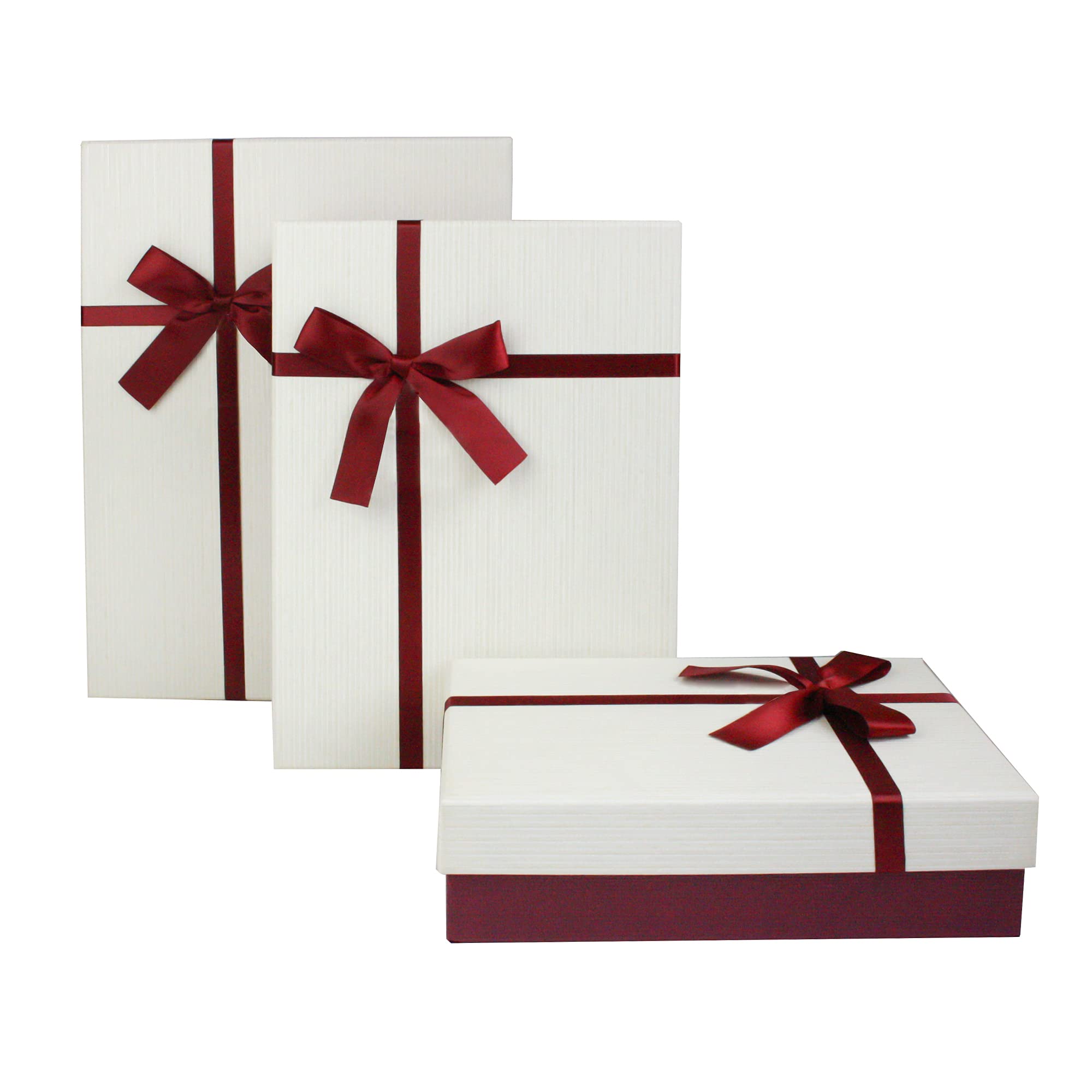 Emartbuy Burgundy/Cream Rigid Gift Box with Ribbon Set of 3 – Large, Medium, Small – Luxury Cardboard Presentation Box | Premium Packaging for Hampers, Birthdays, Weddings, Corporate Gifting