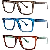 AQWANO Reading Glasses Men Women Computer Blue Light Blocking, Large Square Readers Cheaters with Spring Hinge