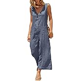 Yeokou Women Button Down Jumpsuits Cotton Linen Sleeveless Casual Wide Legs Rompers Loose Overall with Pockets