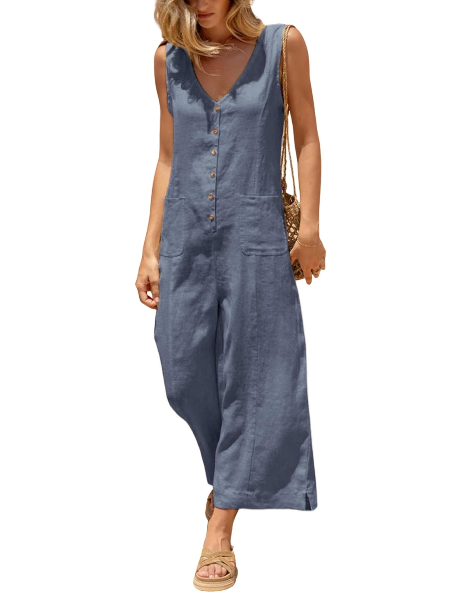 Yeokou Women Button Down Jumpsuits Cotton Linen Sleeveless Casual Wide ...