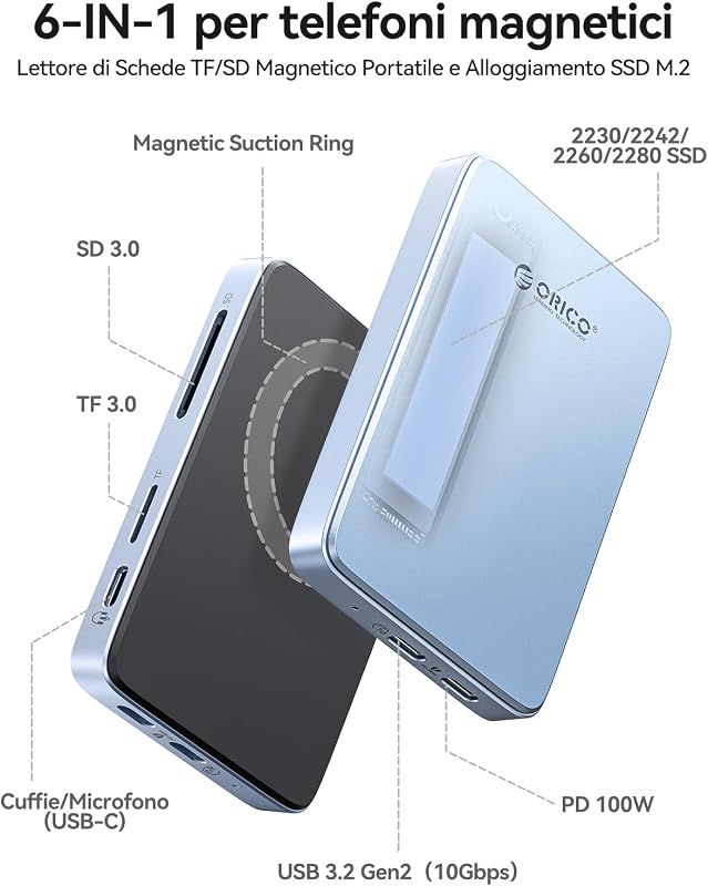 10Gbps Magnetico M.2 NVMe SSD Case con USB-C Dock Supporta Registrazione ProRes per iPhone 17/16/15 Pro/Max/Plus TF/SD Slot PD 100W per Formati 2230/2242/2260/2280 B+M M-Key Disless AP80F Nero