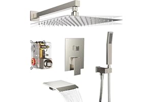 DLVSOBY Rain Shower System 12 inch Shower Faucet Set with Tub Spout,Bathroom Wall Mounted Waterfall Shower Head Faucet Sets Complete with Handheld Spray,Rough-in Valve Body and Trim kit,Brushed Nickel