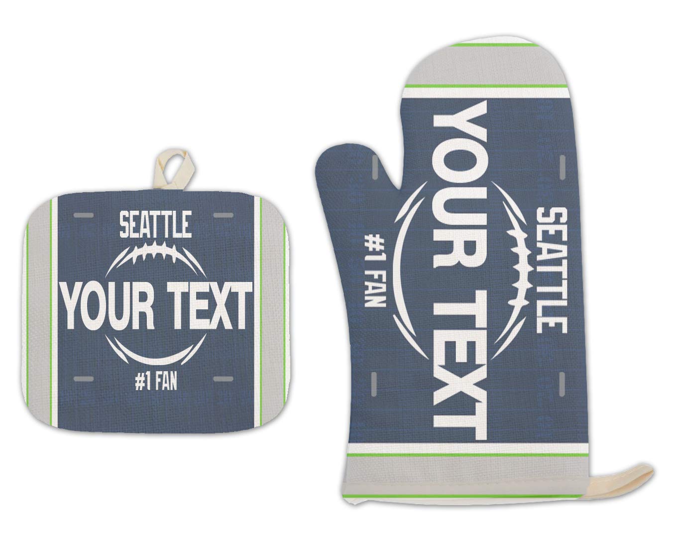 Bleu Reign BRGiftShop Personalized Custom Name Football Team Seattle Linen Oven Mitt and Potholder Set