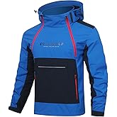 EVIL WOLF Men's Hooded Outdoor Jacket, Color Block Design, Asymmetric Zip Cardigan, Windproof & Waterproof