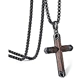 ROOCRYAN Wooden Cross Necklace for Men, Handmade Real Ebony Wood Cross Pendant Stainless Steel Chain, Mens Cross Necklaces Natural Wood Christian Gifts, Adjustable 24-25 inch Box Chain