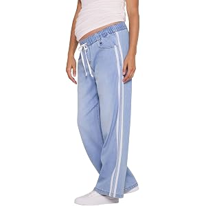 Motherhood Maternity Women's Under the Belly Tie Waist Relaxed Wide Leg Lightweight Denim Pregnancy Pants