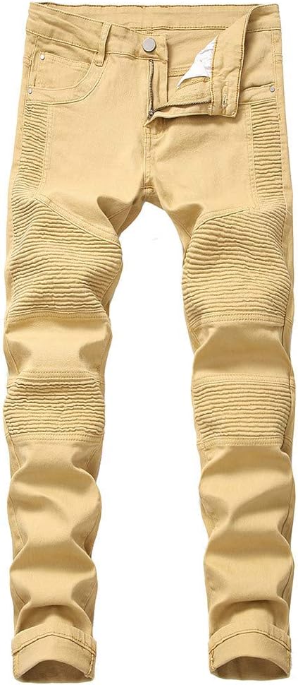 Men's Skinny Demin Jeans Pleated Slim Fit Mid Rise Comfort Casual Moto Biker Jeans by URIBAKE
