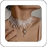 Vacaonio Punk White Lace Choker Necklace Steampunk Lace Necklace Pearl Chain Tassel Necklaces Bridal Pearl Necklaces Halloween Choker Jewelry for Women
