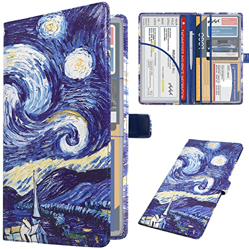 DMLuna Car Registration and Insurance Holder, Leather Vehicle Card Document Glove Box Organizer, Auto Truck Compartment Accessories for Essential Information, Driver License Cards, Starry Night