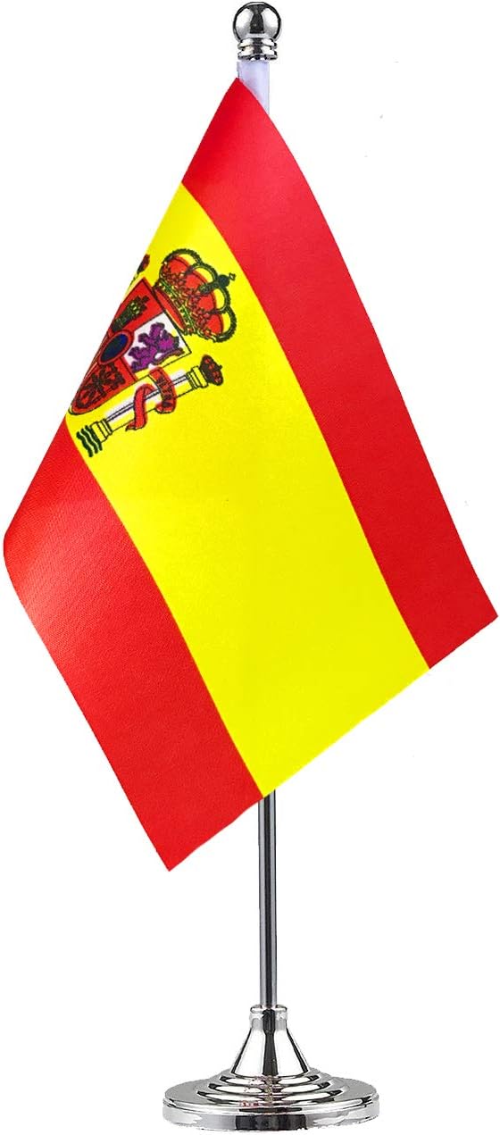 Spain Spanish Stand Base Flag Table Desk Flag ,Metal Stand and Base and Country Flag Banners,For Home Garden Office Decoration, Festival Celebrations.