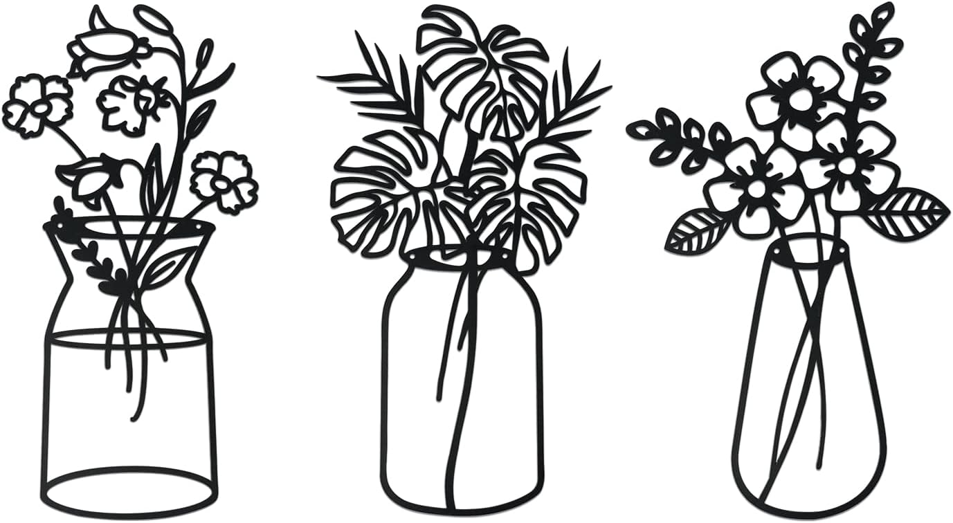 Plaques & Wall Art - Putuo Decor Metal Flowers Wall Decor 3 Pieces, Minimalist Black Metal Wall Art, Tulip Wire Iron Wall Decor for Living Room Bathroom Kitchen