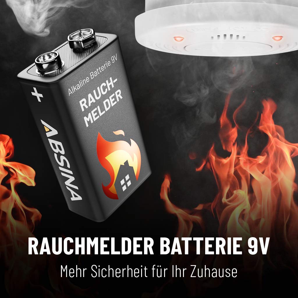 9V Blockbatterie Rauchmelder - 8er Pack Alkaline 9V Batterie langlebig & auslaufsicher - 9 Volt Blockbatterie für Feuermelder, Bewegungsmelder & Rauchwarnmelder - Rauchmelder Batterie ABSINA 2