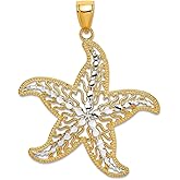 JewelryWeb 32mm 14k Two-tone Gold Sea shell Nautical Starfish With White Center Cut-out Filigree Charm Pendant Necklace for Women