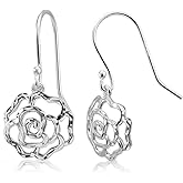 Sterling Silver High Polished Diamond-cut Filigree Rose Flower Dangle Earrings