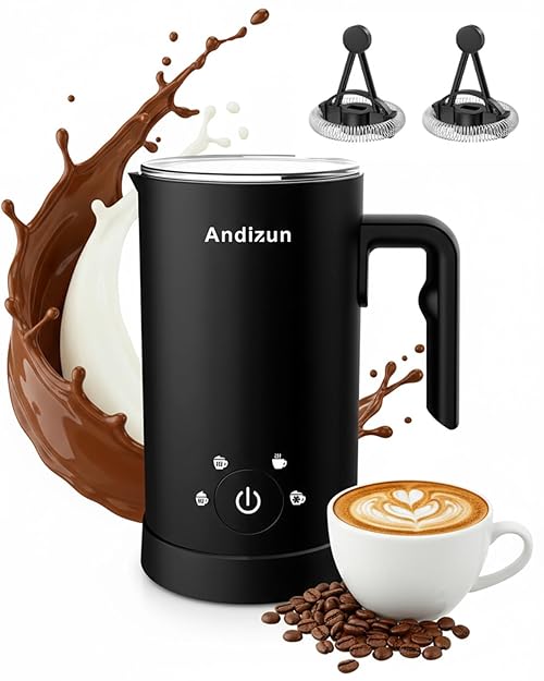 Andizun Milk Frother Electric, 4-in-1 Automatic Milk Steamer and Frother, Hot Chocolate Velvetiser, Milk Warmer and Frother with Large Capacity, Quiet One-Button Control, Easy Clean Non-Stick Jug