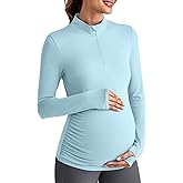 G4Free Maternity Rash Guard Long Sleeve with Thumbholes Side Pleats Pregnancy Workout Tops UPF 50+ Hiking Sun Shirts Soft(Light Blue,XXL)