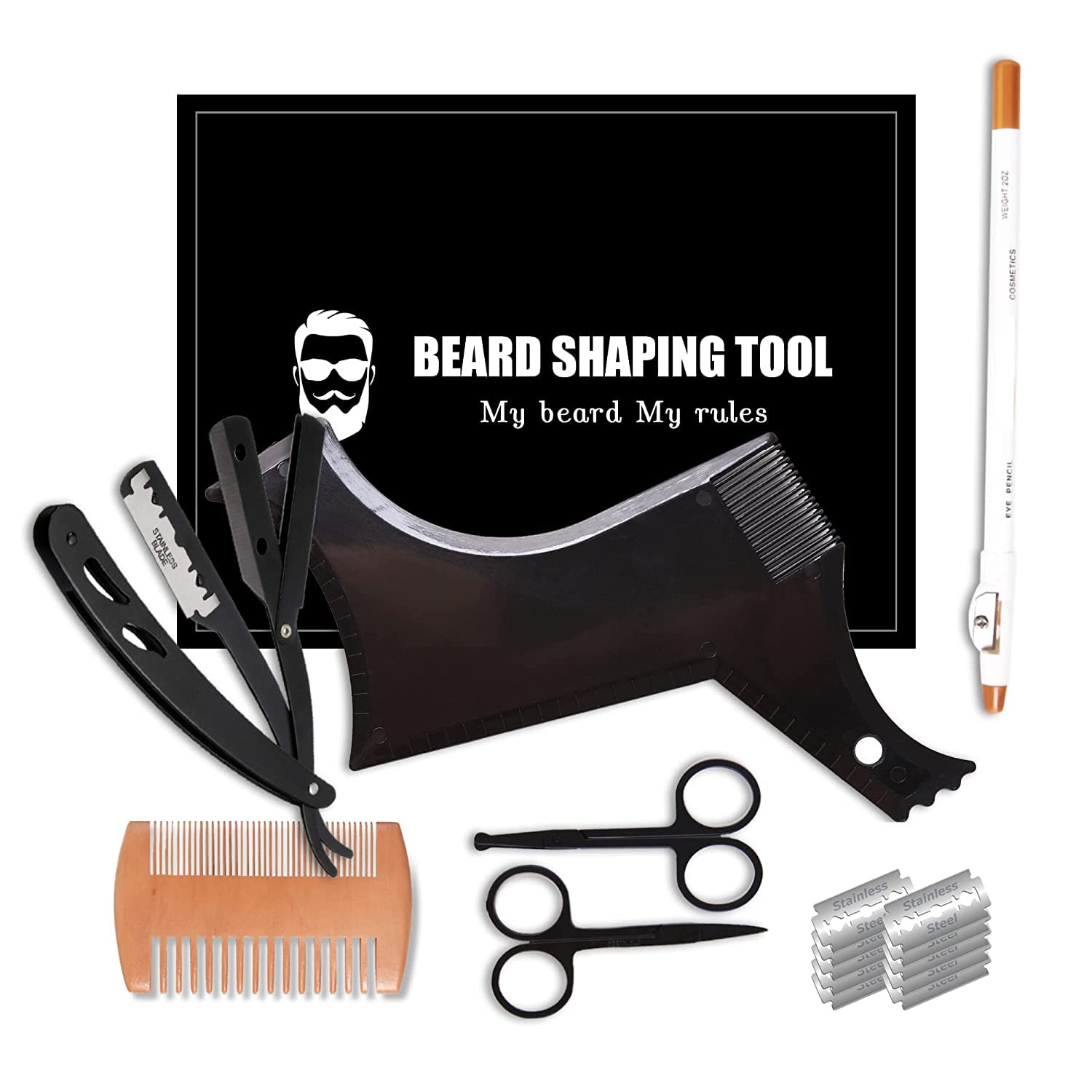Photo 1 of Beard Shaper, Beard Shaping Tools, Include Beard Template Guide, Professional Straight Edge Razor, 10 Count of Double Edge Blade, Barber Pencil, Beard Comb, 2 Stainless Steel Scissors, CUKBLESS