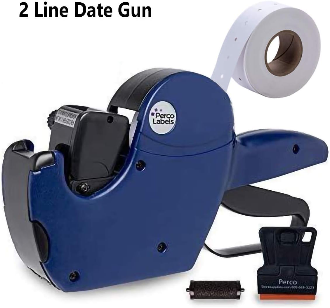 Perco 2 Line Date Gun: Includes 16 Digits Date Gun Labeler, Pre-Loaded Roll of 750 White Labels and Ink Roll : Office Products